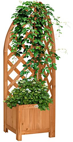 Outsunny Jardinière avec support pour plantes grimpantes, bac à fleurs, bac à plantes, pour jardin, terrasse, balcon, bois naturel, brun, 32 x 32 x 108 cm