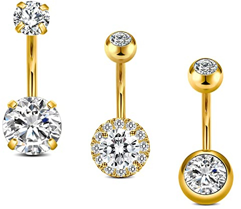 Incaton 14G Belly Button Rings, Stainless Steel Diamond Short Bar Belly Rings For Women, Hypoallergenic Navel Piercings With Gift Velvet Pouch Gold 10mm