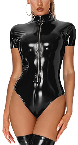 Sexig catsuit för kvinnor, wetlook, lackläder, dragkedja, underkläder, exklusiv klubbkläder, kostym, 12-svart, 42-44