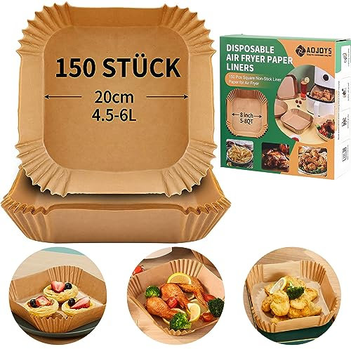 Backpapier für Heißluftfritteuse, 150 Stück Antihaft Einweg Airfryer Backpapier, 20 cm Ölfest Pergamentpapier Liner für 4,5-6L Luftfritteuse, zum Braten, Backen, Braten, Mikrowelle (Quadrat)