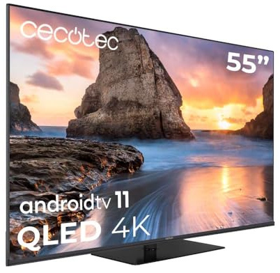 Cecotec Televisor QLED 55” Smart TV V1+ Series VQU11055Z+. 4K UHD, Android 11, Peana, Dolby Vision y Atmos, HDR10, Wide Color Gamut 96%, 2 Altavoces 10W y Subwoofer 12W, 2 Mandos, 2023