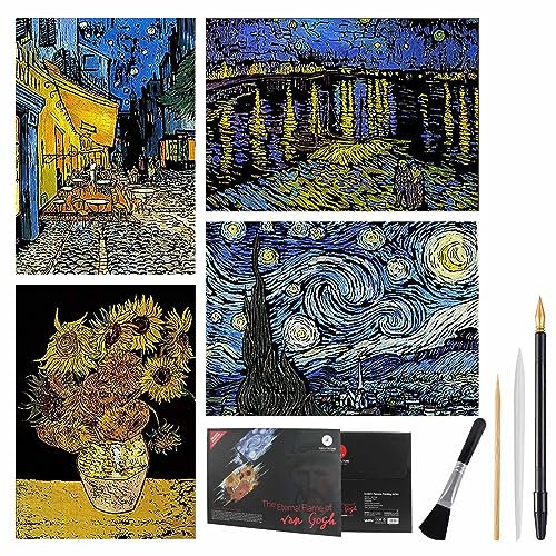 EGOSKY Kratzbilder Erwachsene, Kratzpapier Set Van Gogh Scratch Painting Art mit 4 Kratzwerkzeugen, DIY Scratchboard Kratzbilder für Kinder