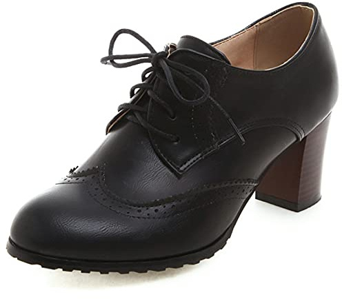 Gicoiz Fußkleidung Damen Schnüren Formal Blockabsatz Geschlossen Brogue Schuhe Klassische Runde Zehen Oxford Buro Arbeit Pantoffeln Schwarz Gr 38 EU-39Cn