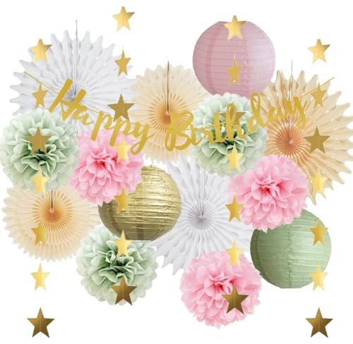 Geburtstagsdeko Rosa Grün Frau Party Geburtstag Deko Salbeigrün Rosa Weiße Papierfächer Geburtstagsdeko Salbeigrün Pompons Deko Salbei Kit Geburtstag Salbei mit Happy Birthday Banner für Mädchen