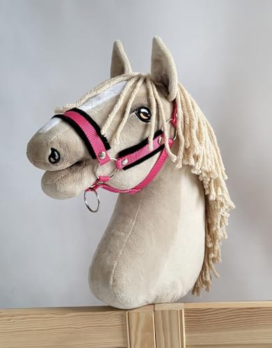 Verstellbares Halfter für Hobby Horse A3 mit Fell. Set ohne Pferd. dunkel pink mit schwarzem Fell