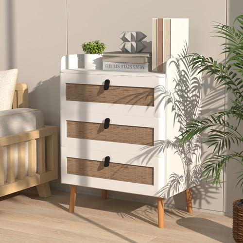 COSTWAY Kommode mit 3 Schubladen, Schubladenkommode aus Holz und Rattan, modernes Sideboard, Highboard für Flur Schlafzimmer Wohnzimmer, 39,5 x 60 x 75 cm, Weiß