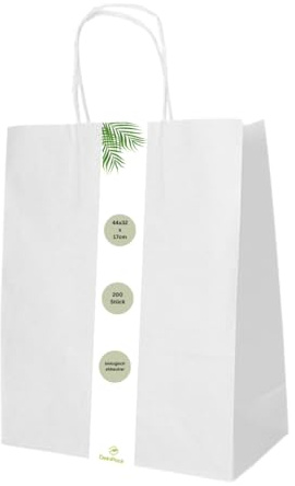 DeinPack 200 x Papiertüten 44 x 32 x 17 cm weiß Umweltschonende Papier Tragetaschen groß I Papiertüten Geschenktüten Papiertragetaschen biologisch abbaubar, kompostierbar