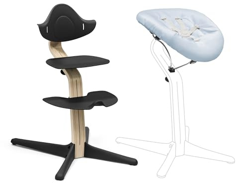 Stokke Nomi Stuhl (Black) mit Newborn Set (Black/Grey Blue) - Inklusive 5-Punkt-Sicherheitsgurt und wendbarem, waschbarem Textilset - Bis 150 kg belastbar