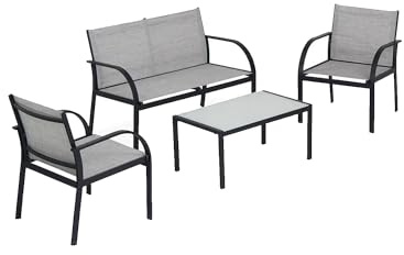 Avilia Gartengarnitur aus Metall in Schwarz-Grau – Outdoor-Möbel mit Sofa, 2 Sesseln und Couchtisch mit Tischplatte aus gehärtetem Glas, robuste Struktur und Elegantes Design