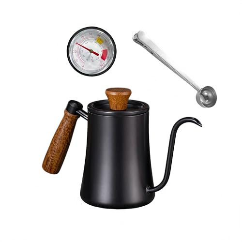 Svanhals vattenkokare, hälla över kaffe vattenkokare 550 ml med termometer och kaffesked, rostfritt stål kaffekanna med lång smal pip handdroppvattenkokare