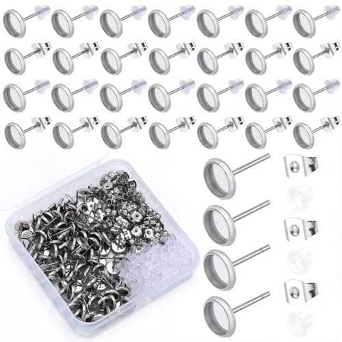 SOFPLATE 1 Box 300 Stück 6mm Lünetten Ohrstecker Cabochon Rohlinge Hypoallergener Edelstahl Silberner Mit Ohrmutter Flache Runde Zur Schmuckherstellung