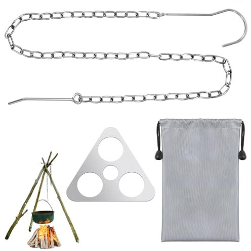 Heveer Trípode de Camping Tabla de Barbacoa con Cadena Ajustable Equipo de Parrilla de Trípode para Fogata para Colgar para Exterior