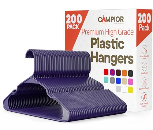 Campior Kleiderbügel aus Kunststoff, robust, platzsparend, rutschfest, langlebig und leicht, Violett, 200 Stück