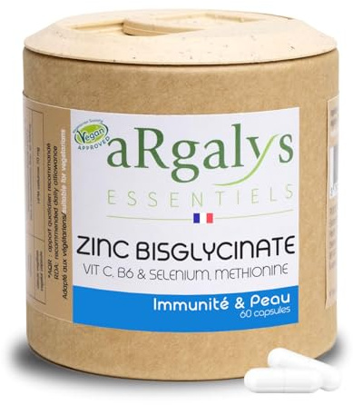 Zinc Bisglycinate - Haute absorption 100% AJR + Sélénium – Acné, Cheveux & Immunité – 5 Actifs Synergiques, Vitamine C & Méthionine – 60 Gélules Vegan – Fabriqué en France – Argalys