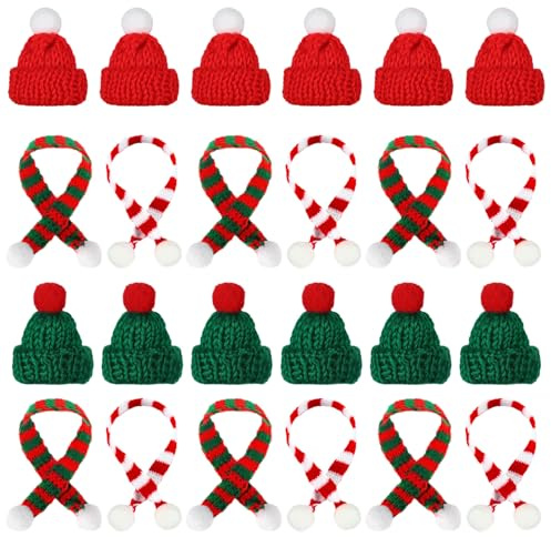 YIZHIXIANGQ Mini Weihnachtsmütze, 24 Stück Nikolausmütze Klein, Mini Weihnachten Schal, Weinflasche Strickschal, Kleine Weihnachtsmütze, Mini Strickmütze für Weinflasche, Puppenhaus