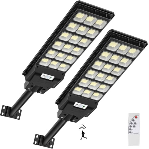Lot de 2 lampadaires solaires à LED avec télécommande - 600 W 6500 K - Avec détecteur de mouvement - Du crépuscule à l'aube - IP65 - Étanche - Pour rue, garage