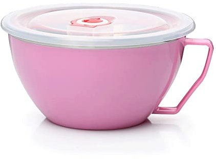 DDKYHU Bowl Noodle Bowl with Lid Handle Stainless Steel Plastic Leak-Proof Food Container Rice Soup Bowls Kitchen Gadget (Pink)