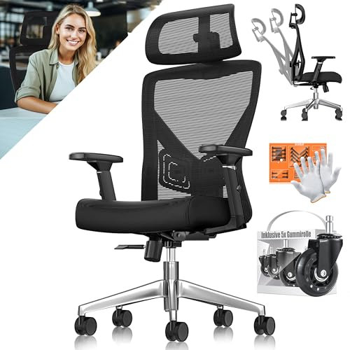 KESSER® Bürostuhl Ergonomisch mit verstellbaren Armlehnen | Drehstuhl mit Lendenwirbelstütze Rückenschonend | Schreibtischstuhl mit Kopfstütze | Office Chair Wippfunktion bis 125° mit 5X Gummirollen
