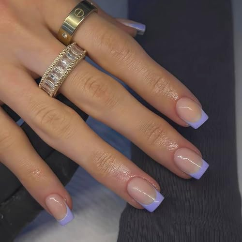 SXVME 30 Pcs Acrylic Press on Nails Short Square, Lilac French Tip False Nails Short Coffin, Natural Nude Fake Nails Set Classic Soft Gel Stick on Nail for Women Daily Wedding Wear