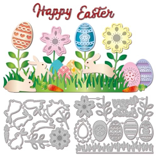 GLOBLELAND Stanzformen Mit Ostereiern Und Blumen Metall Blumen Und Gras Stanzformen Osterhasen Stanz Und Prägevorlagen Für Scrapbooking Basteln Papierkartenherstellung
