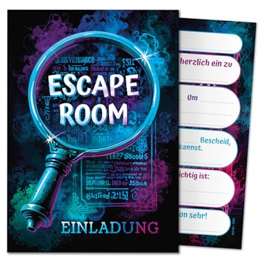 12 Einladungskarten Kindergeburtstag Escape Room Mädchen Jungen Jungs coole bunte Einladungen Geburtstag Kinder Jungsgeburtstag Mädchengeburtstag Detektiv Kinderparty Geburtstagseinladungen