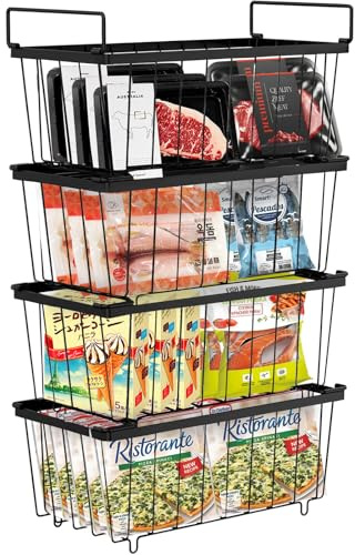 4 Pack Chest Freezer Baskets, Stackable Freezer Organiser with Handles, Freezer Baskets for 198L Sort Frozen Foods, Freezer Organiser, Freezer Storage Boxes Wire Drawers Bins, Easy to Get Items（Black）