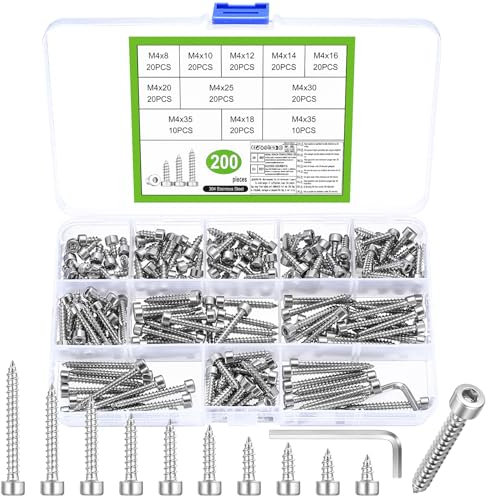 200 viti autofilettanti M4, viti autofilettanti in acciaio inox, viti a esagono incassato, viti a testa cilindrica per legno e metallo (M4)