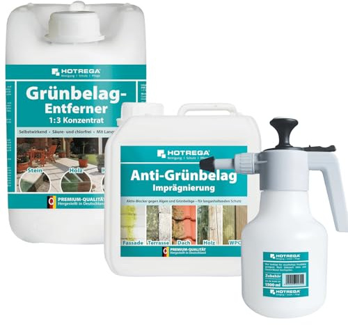 HOTREGA Grünbelagentferner 5L | 1:3 Konzentrat + 2L Imprägnierung & Spritze | Reinigungskonzentrat für 350m² | Wirkt gegen Algen, Flechten & Moos | Inklusive 1,5L Drucksprüher | Stein & Holz Pflege