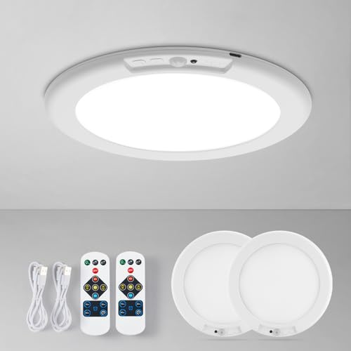 Leselux Deckenlampe mit Bewegungsmelder Innen, Aufladbare Batterie, 2 Stück | 6000mAh Akku Deckenleuchte mit Fernbedienung, Ohne Stromanschluss, 3 Modi Dimmbar 3000K/4500K/6500K, für Flur Treppe Balkon