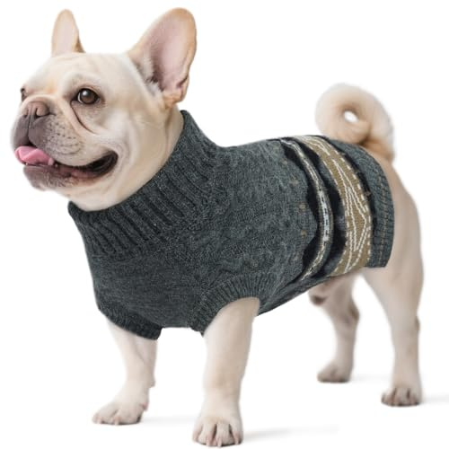 Hjumarayan Hundepullover Mittelgroße Hunde - Fair Isle Pullover Hund mit Geschirr Öffnung, Weihnachtspullover Elastisch Hundepulli Winter Sweater für Französische Bulldogge, Grau L