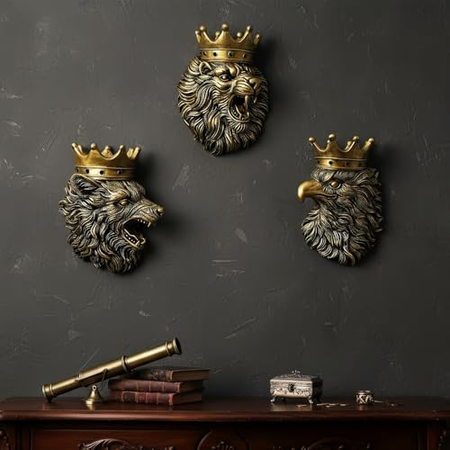 WVOPIAHY Tierkronen-Wanddekoration-Set - 3D-Löwe, Wolf & Adler Skulpturen in antikgoldfarbenem Harz für Wohnzimmer, Büro, 13-15 cm Breite, 17-19 cm Höhe