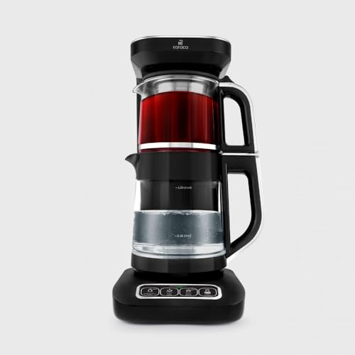 Karaca Çaysever Robotea Pro 4 in 1 Talking Automatic Glass Tea Maker, Water Heater, and Filter Coffee Brewing Machine, 2500W, Black Chrome