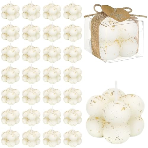30 Sets Small Bubble Candle for Wedding Favors, Mini Scented Candle Bulk for Guest Gift, Cute Candles with Cards Dried Flowers DIY for Baptism Party Bridal Shower Baby Shower Gifts (Gold foil White)