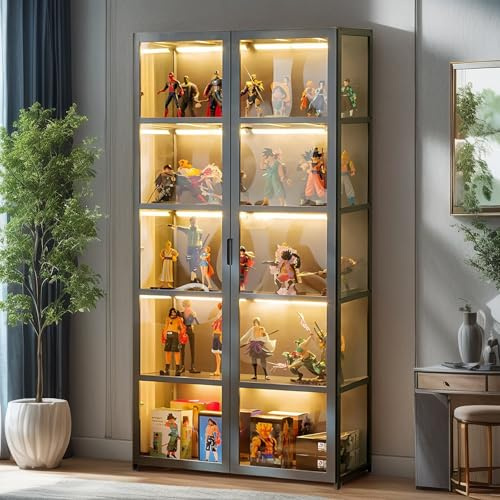 Scribora Vitrine mit Acryltüren, Glasvitrine für Sammlerstücke & Trophäe, 5 Etagen Ausstellungsregal, Bücherregal, Aufbewahrungsschrank für Wohnzimmer, Schlafzimmer, Büro (Grau-Folio-Tür)