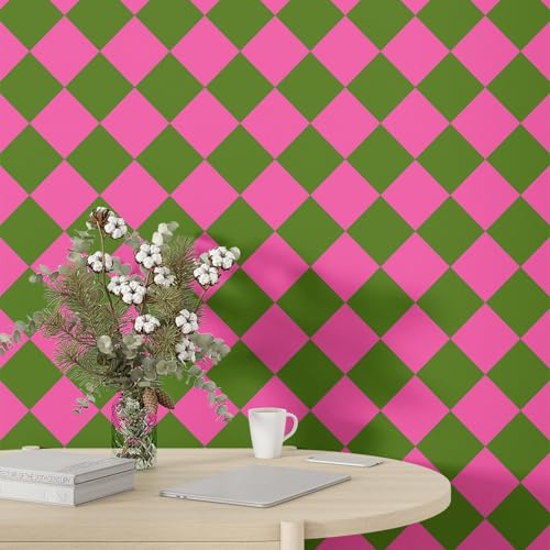 Fchen art Karierte Tapete zum Abziehen und Aufkleben, grün-rosa, abnehmbares Kontaktpapier, britisches geometrisches Retro-Wandpapier für Schrank, Küche, Schlafzimmer, Badezimmer, 45 x 200 cm