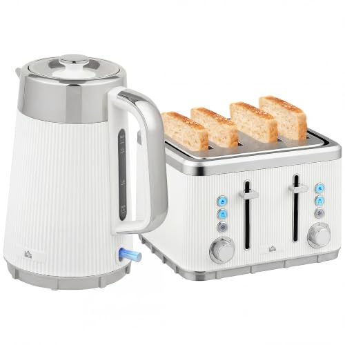 HOMCOM Electric Stainless Steel Kettle and Toaster Set 3000W 1.7L White | UK Strix Thermostat, Fast Boil Kettle, Limescale Filter, Cool Touch Body, 4 Slice Toaster, 7 Browning Levels