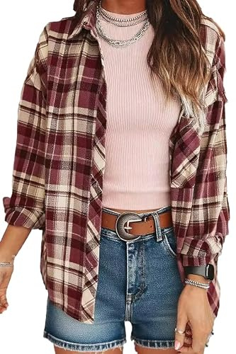 KevaMolly Plaid Long Sleeve Flannel Shirts for Women Loose Fit Boyfriend Button Down Shirt Casual Flannel Blouse Tops Brown Stripe Plaid L