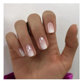 JOOTUEPO 24 Pièces Nude Rose Dégradé French Press on Nails, Faux Ongles Courts Carrés Chromés, Réutilisables Couverture Complète, pour Femmes et Filles