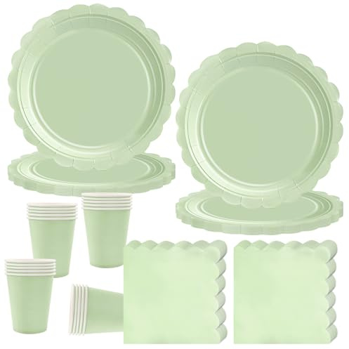 Vajilla de Fiesta de Cumpleaños para Niños,Juego de Vajilla de Fiesta de Cumpleaños de Verde Salvia con Platos Tazas Servilletas para Baby Shower Cumpleaño(20 Invitados)