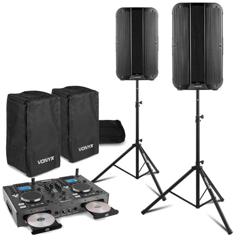 Vonyx DJ PA System Package with Dual CD Mixer, 12 Active Speakers, Live In Covers, Tripod Stands & Cables, Portable PA DJ Setup, Bluetooth, USB, and CD Player
