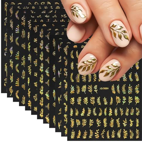 Xanthelle Autocollants d'ongles Or, 12 Pièces, Stickers Nail Art Feuilles d'Automne