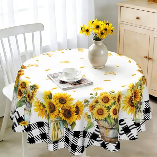 Tischdecke Rund 120 cm Wetterfest Abwaschbar - Polyester Sonnenblume Muster - Outdoor Tischdecke für Garten Küche Esszimmer Balkon - für 2-4 Personen - Wasserdicht & Langanhaltend