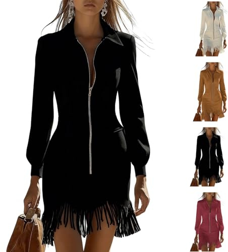 Abito da donna in pelle scamosciata, vintage, alla moda, aderente, con frange, mini abito con scollo a V, maniche lunghe, con cerniera, stile western, con tasche, Nero , L