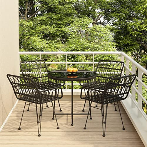 PTUGUOF 5-TLG. Garten-Essgruppe Schwarz Poly Rattan mit Stahlrahmen, Hartglastisch und 4 Essstühlen mit Armlehne