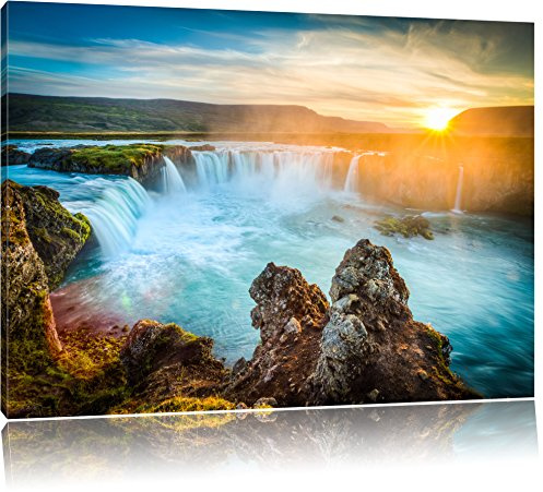 Pixxprint Wasserfall im Sonnenuntergang, Größe: 120x80cm, Leinwandbild, fertig gespannt, Wandbild, Dekoration, Kunstdruck, kein Poster