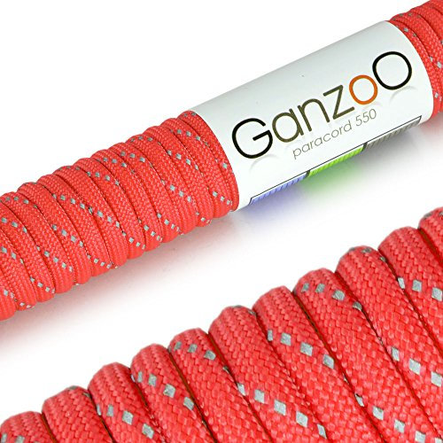 Paracorde 550 réfléchissante, corde de survie à usages multiples et ultra-résistante, corde de parachute, corde gainée en nylon, longueur totale: 31m, couleur: rouge – ATTENTION: NE PAS UTILISER CETTE CORDE POUR L'ESCALADE, de la marque Ganzoo