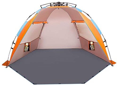 Oileus X-Large 4 Person Beach Tent Sun Shelter - Portable Sun Shade Instant Tent for Beach with Carrying Bag, Stakes, 6 Sand Pockets, Anti UV for Fishing Hiking Camping, Waterproof Windproof, Orange