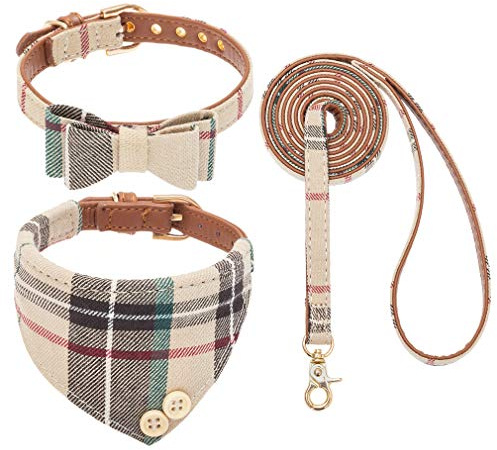 EXPAWLORER Set med halsband och koppel, klassisk rutig fluga och bandana-krage med klocka, trasselfritt koppel, justerbart för små, medelstora och stora hundar och katter, perfekt högtidsgåva