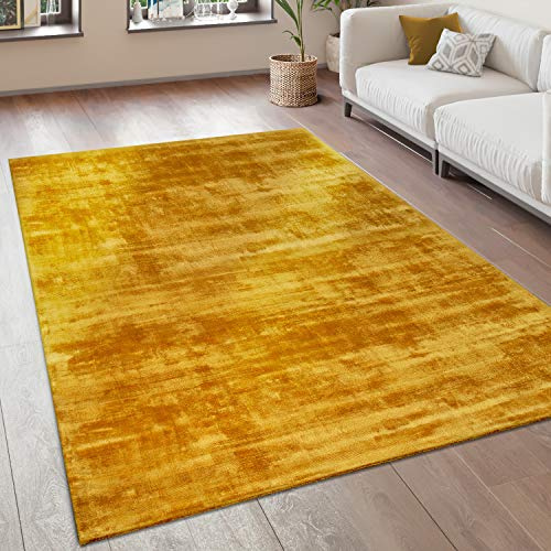 Paco Home Teppich Wohnzimmer Vintage Kurzflor Handgefertigt Hochwertig 100% Viskose, Grösse:160x230 cm, Farbe:Gelb