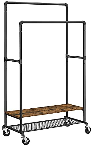 VASAGLE Doppia barra appendiabiti, appendiabiti con doppie guide sospese, mensole e ruote, design a tubo industriale, marrone rustico e nero RGR120B01